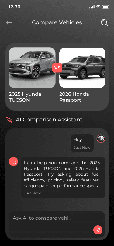 DriveHer compare cars screen