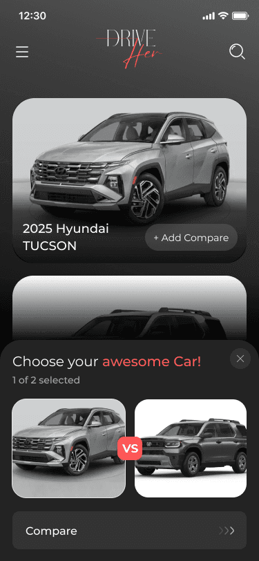 DriveHer purchase tracking screen